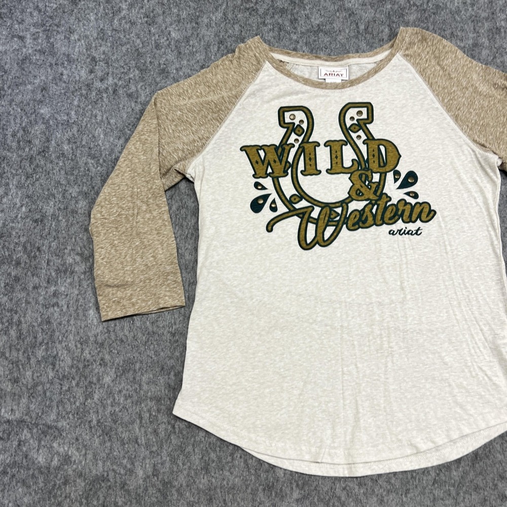 Ariat Shirt Womens M Beige Wild & Western 3/4 Sleeve Raglan Graphic Tee Top - Picture 4 of 16